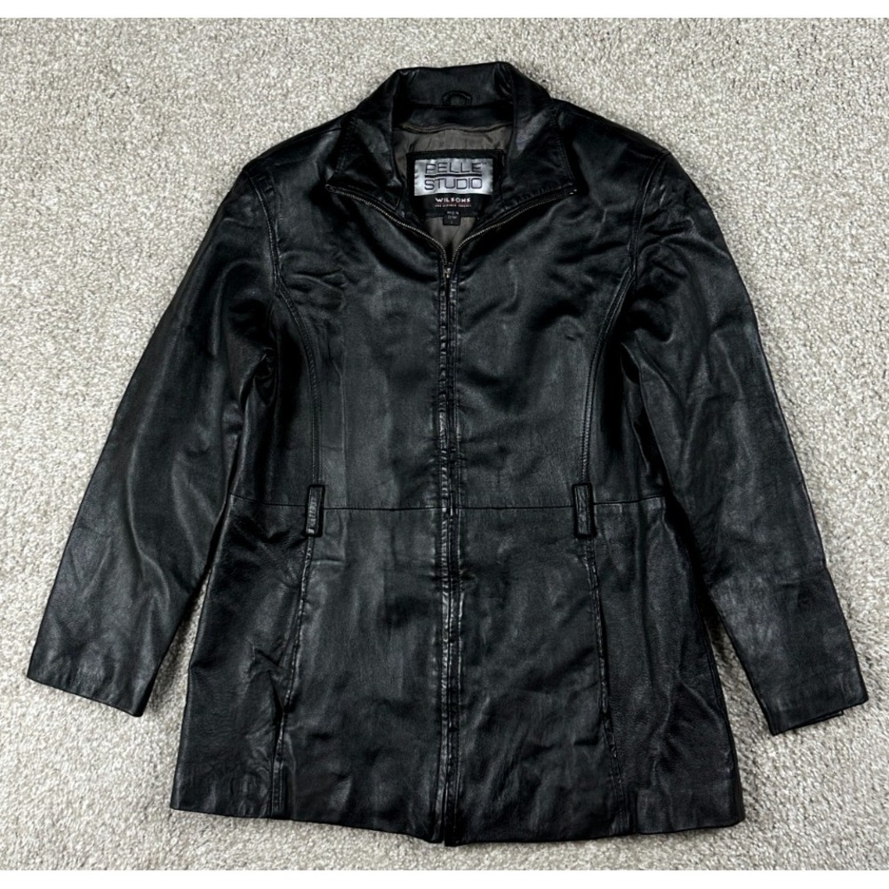 Vintage Wilsons Leather Pelle Studio Jacket Womens Small Black Full Zip Y2K